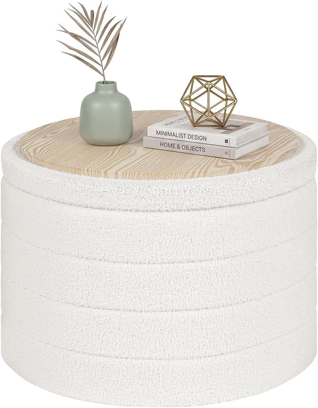 22" Round Boucle Sherpa Storage Ottoman With Tray
