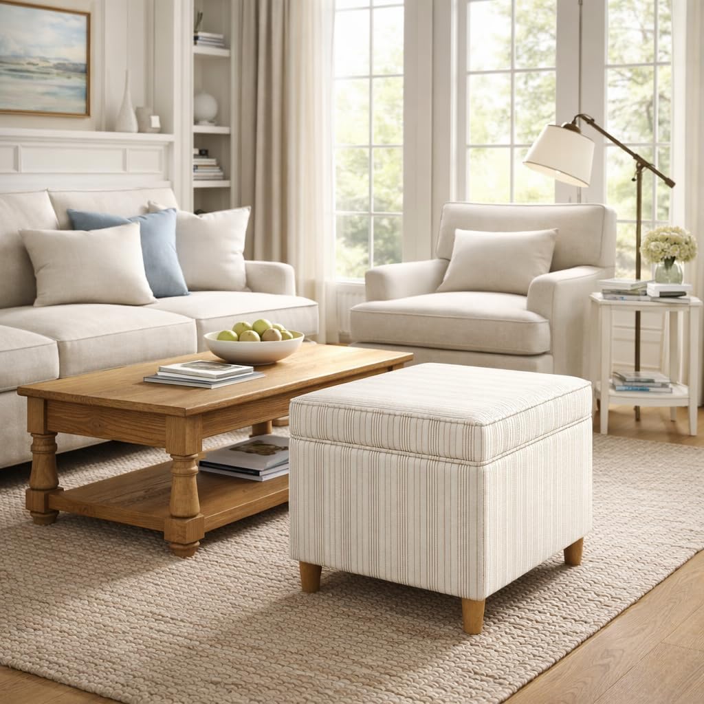 24" Storage Ottoman, Cream Pinstripe