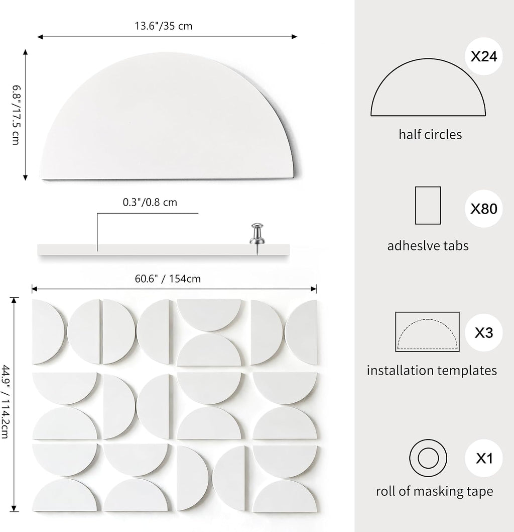 24 Pack Half Circles 3D Wall Panels, White