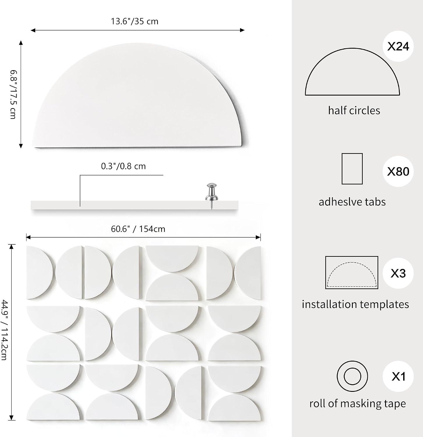 24 Pack Half Circles 3D Wall Panels, White