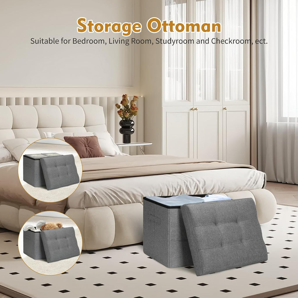 Foldable Linen Storage Ottoman Foot Stool, Dark Gray
