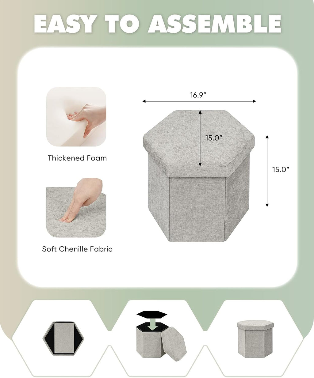 Hexagonal Chenille Storage Ottoman, White