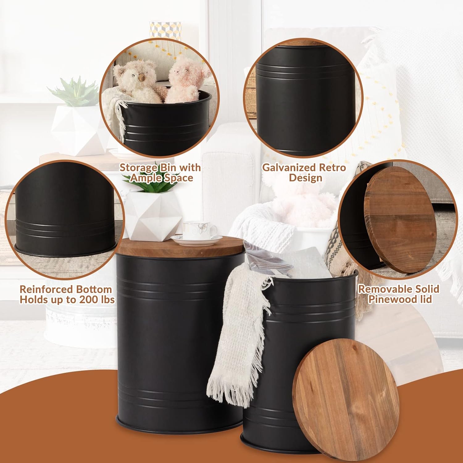 Set of 2 Farmhouse Storage End Tables, Black