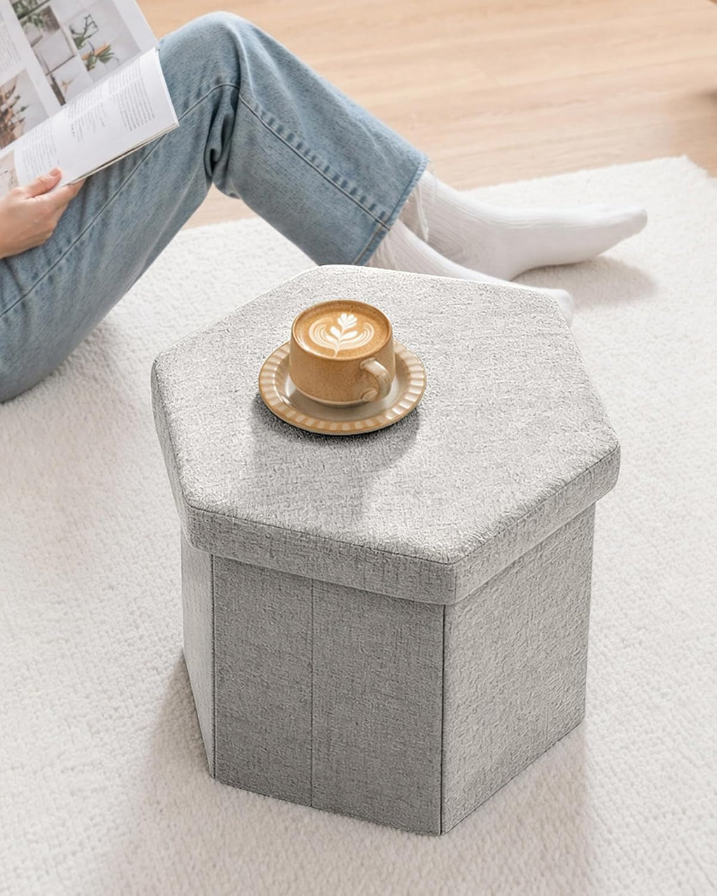 Hexagonal Chenille Storage Ottoman, White