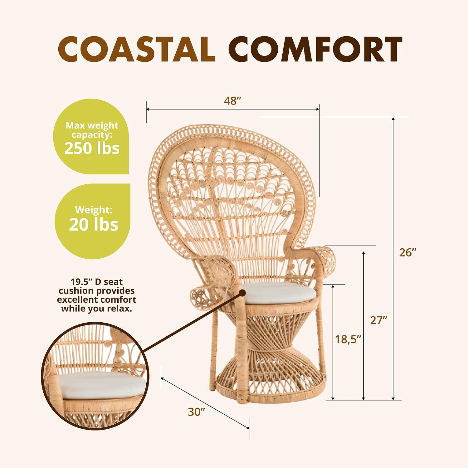 Grand Peacock Rattan Accent Chair, Natural