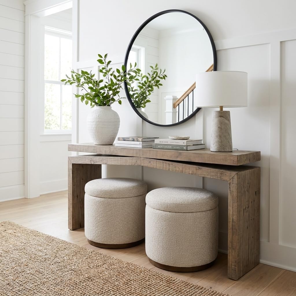 20" Boucle Round Storage Ottoman, Beige