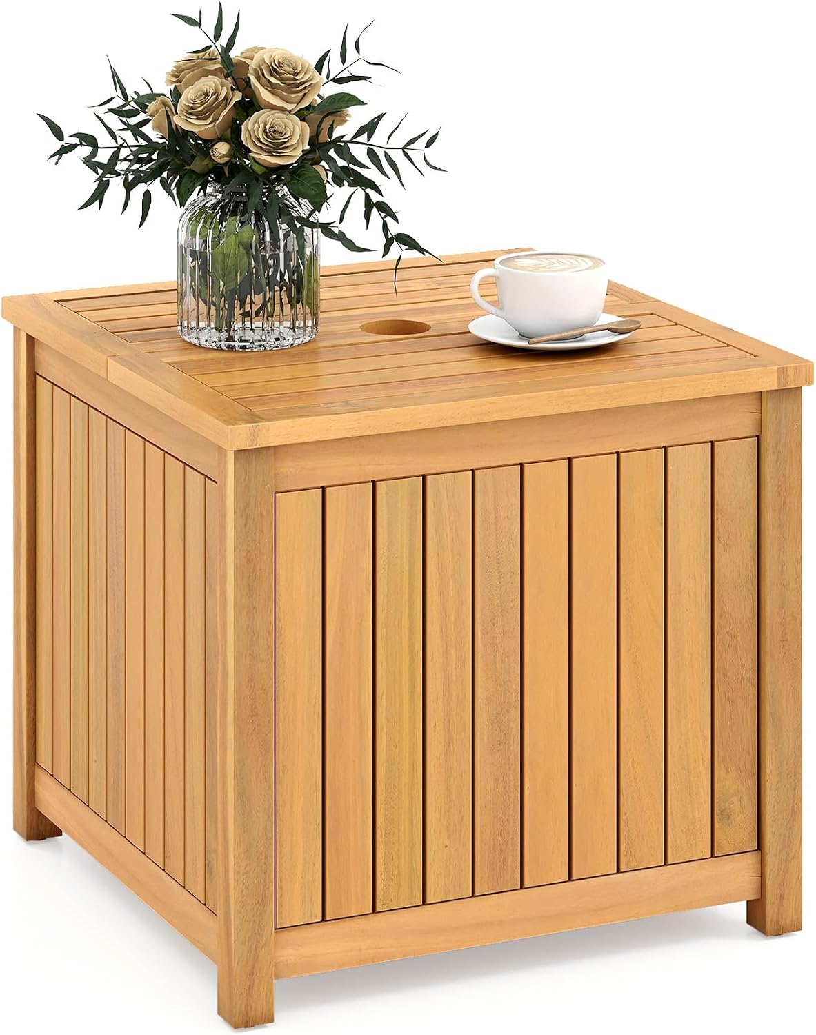 Acacia Wood Storage Side Table With Umbrella Hole