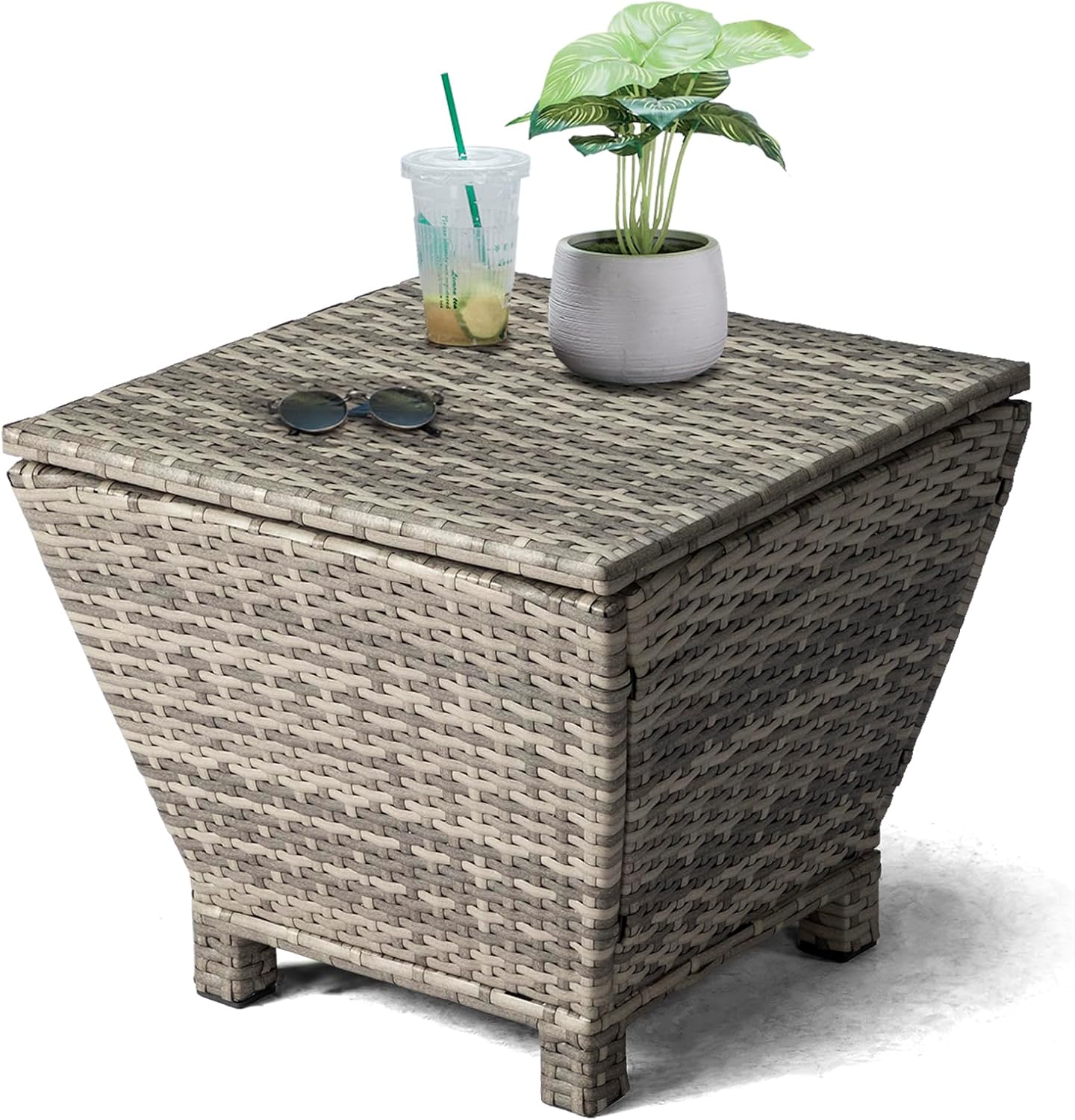 Trapezoid Wicker Storage Side Table, Grey