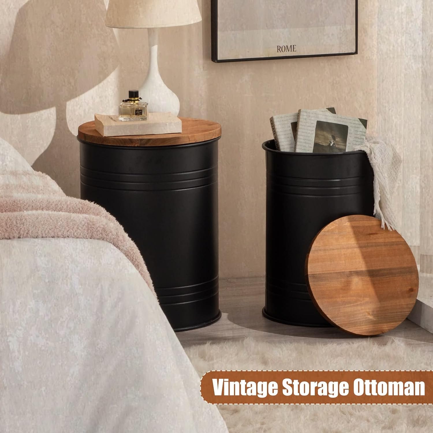 Set of 2 Farmhouse Storage End Tables, Black