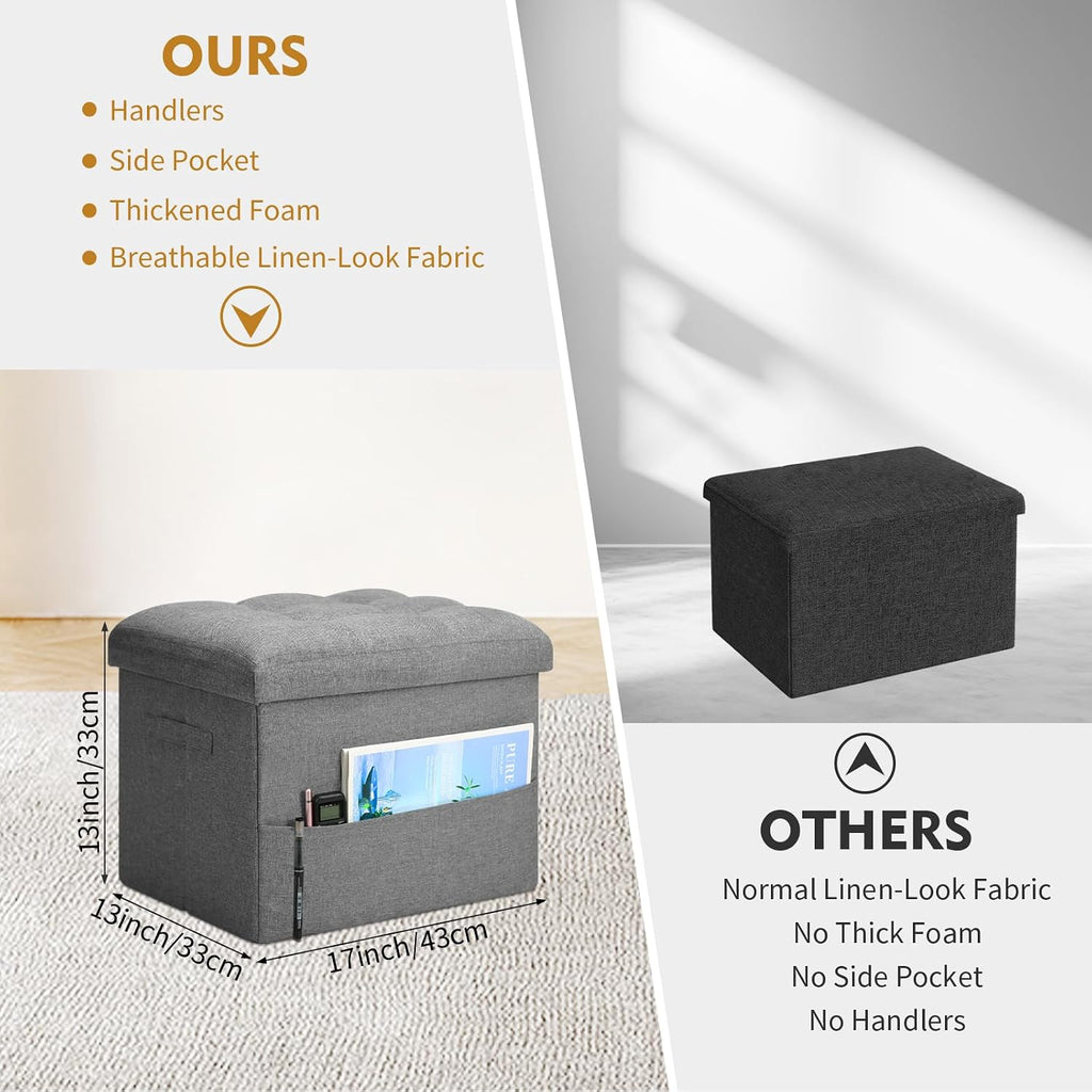 Foldable Linen Storage Ottoman Foot Stool, Dark Gray