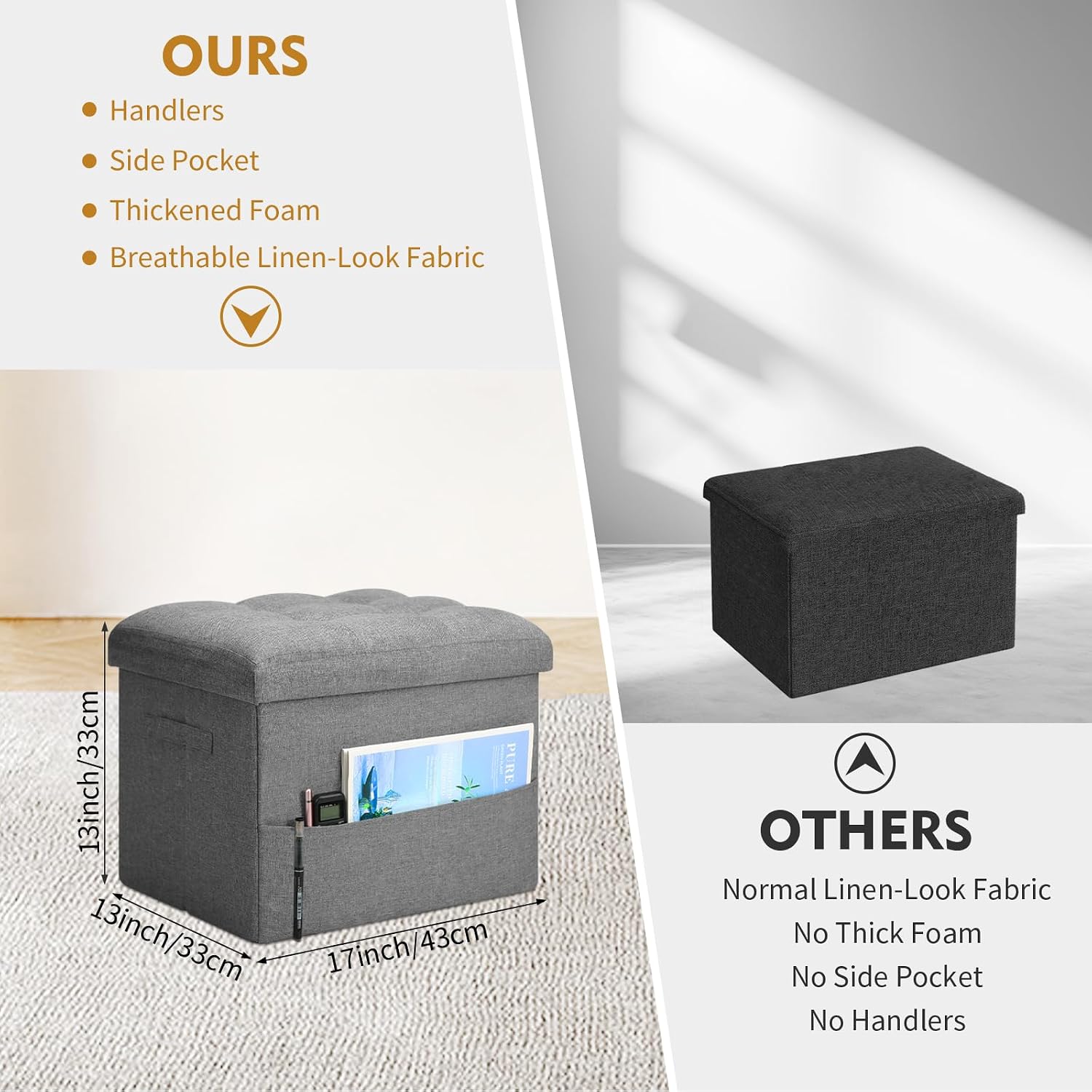 Foldable Linen Storage Ottoman Foot Stool, Dark Gray