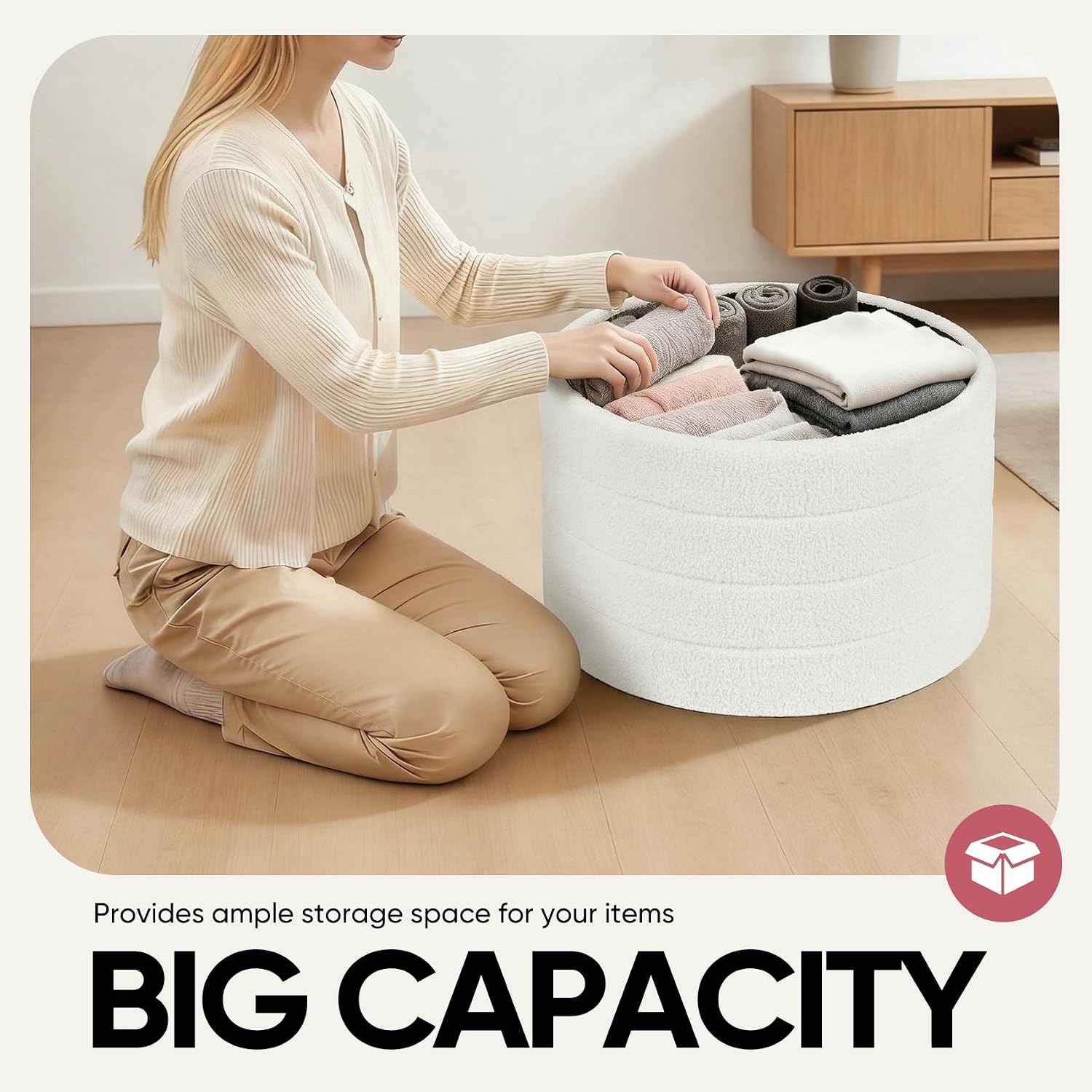 22" Round Boucle Sherpa Storage Ottoman With Tray