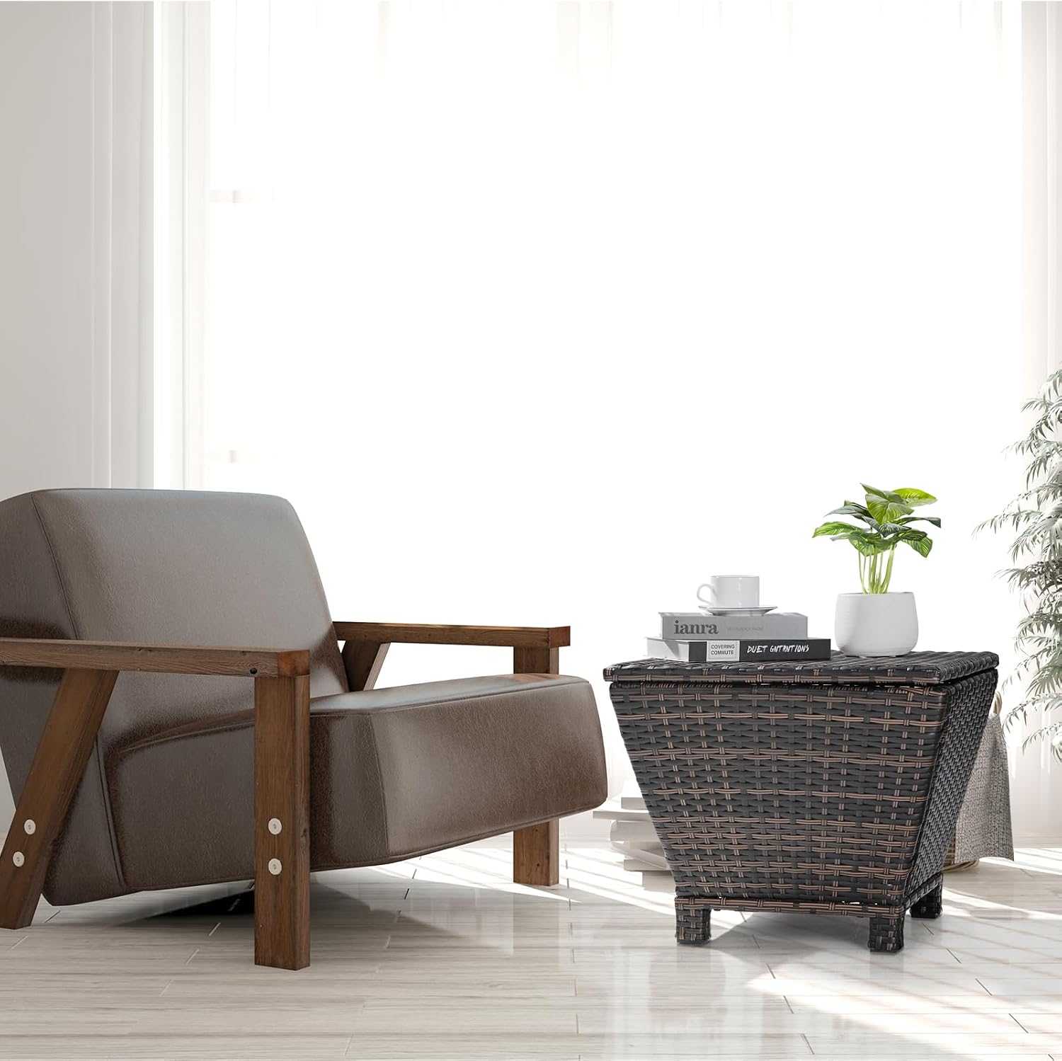 Trapezoidal Wicker Storage Side Table, Brown