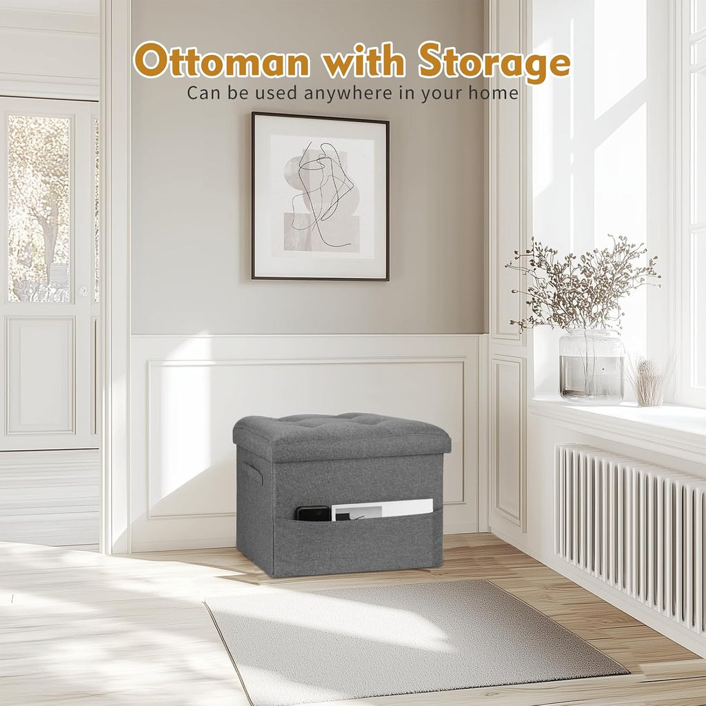 Foldable Linen Storage Ottoman Foot Stool, Dark Gray