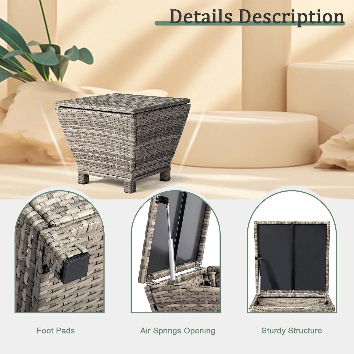 Trapezoid Wicker Storage Side Table, Grey