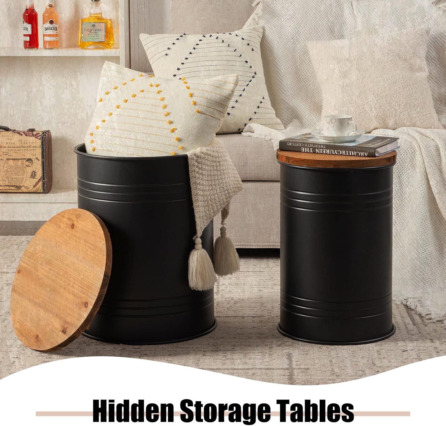 Set of 2 Farmhouse Storage End Tables, Black