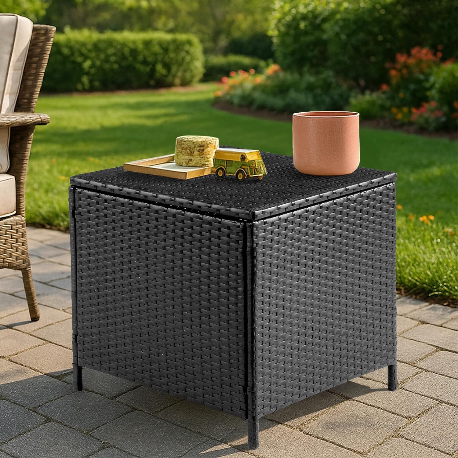 Brown Rattan Outdoor Storage Side Table, 27 Gallon