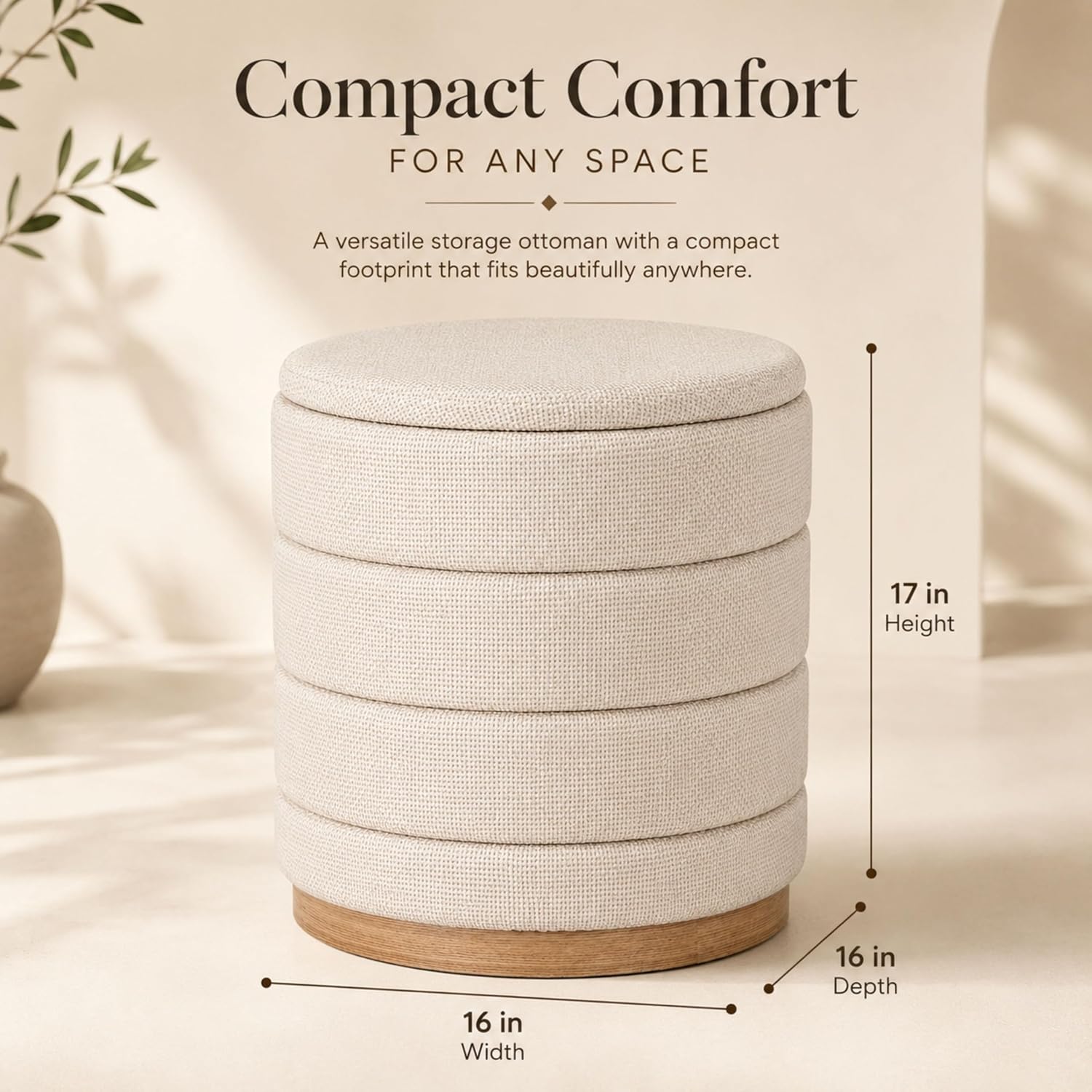 16" Round Linen Storage Ottoman, Beige