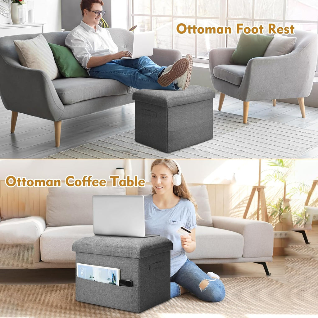 Foldable Linen Storage Ottoman Foot Stool, Dark Gray