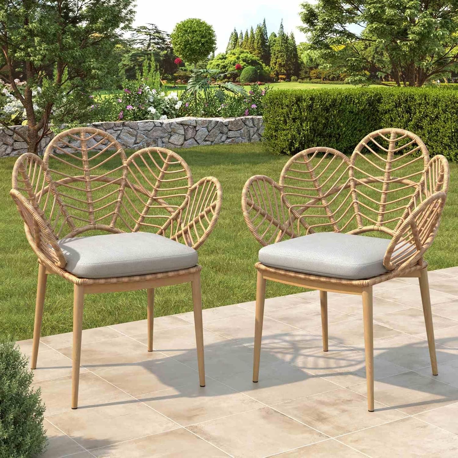 Set of 2 Outdoor Wicker Dining Chairs, Light Teak