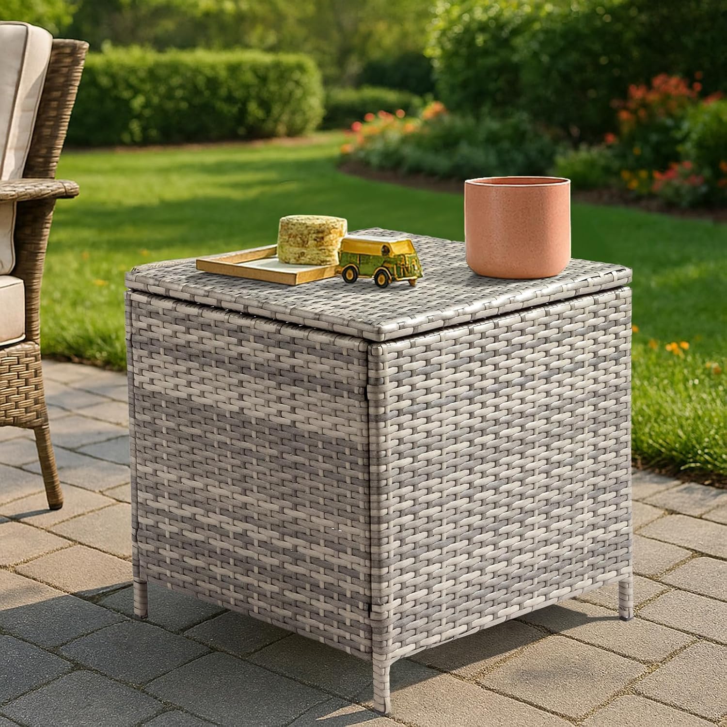21 Inch PE Rattan Patio Storage Side Table, Grey