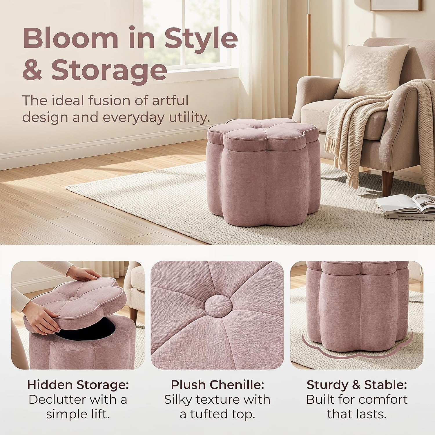 Collection Pink Flower Storage Ottoman, Sandy Pink