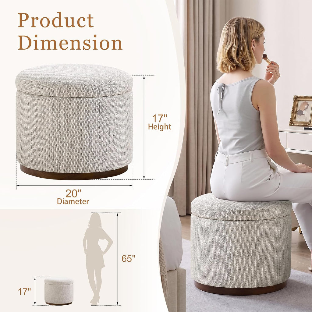 20" Boucle Round Storage Ottoman, Beige