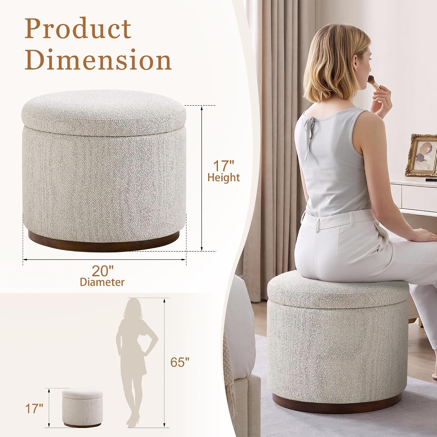 20" Boucle Round Storage Ottoman, Beige