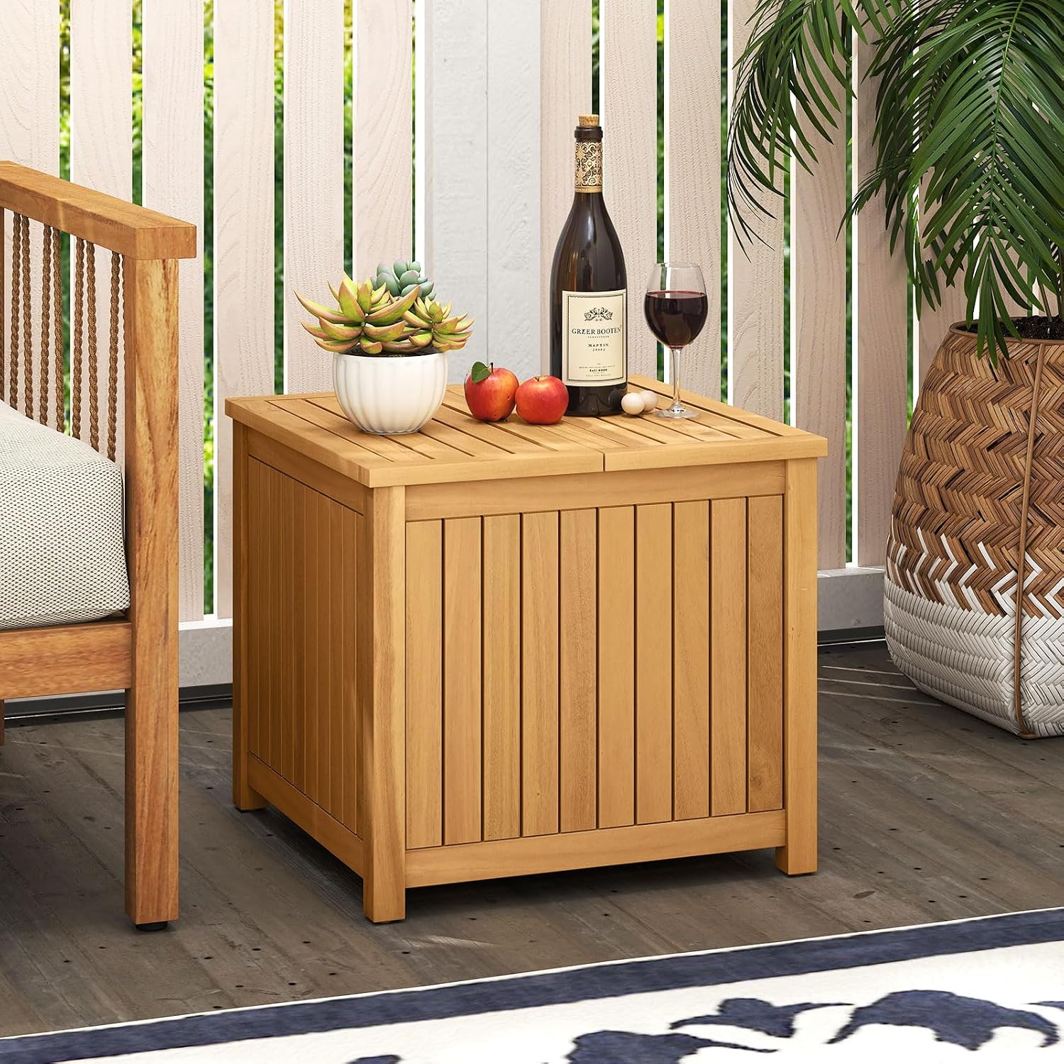 Acacia Wood Storage Side Table With Umbrella Hole