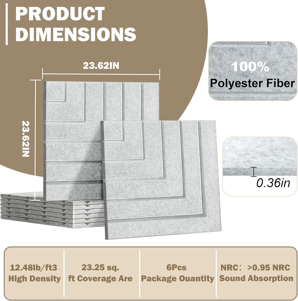 6 Pack Self Adhesive Acoustic Wall Panels, Gray