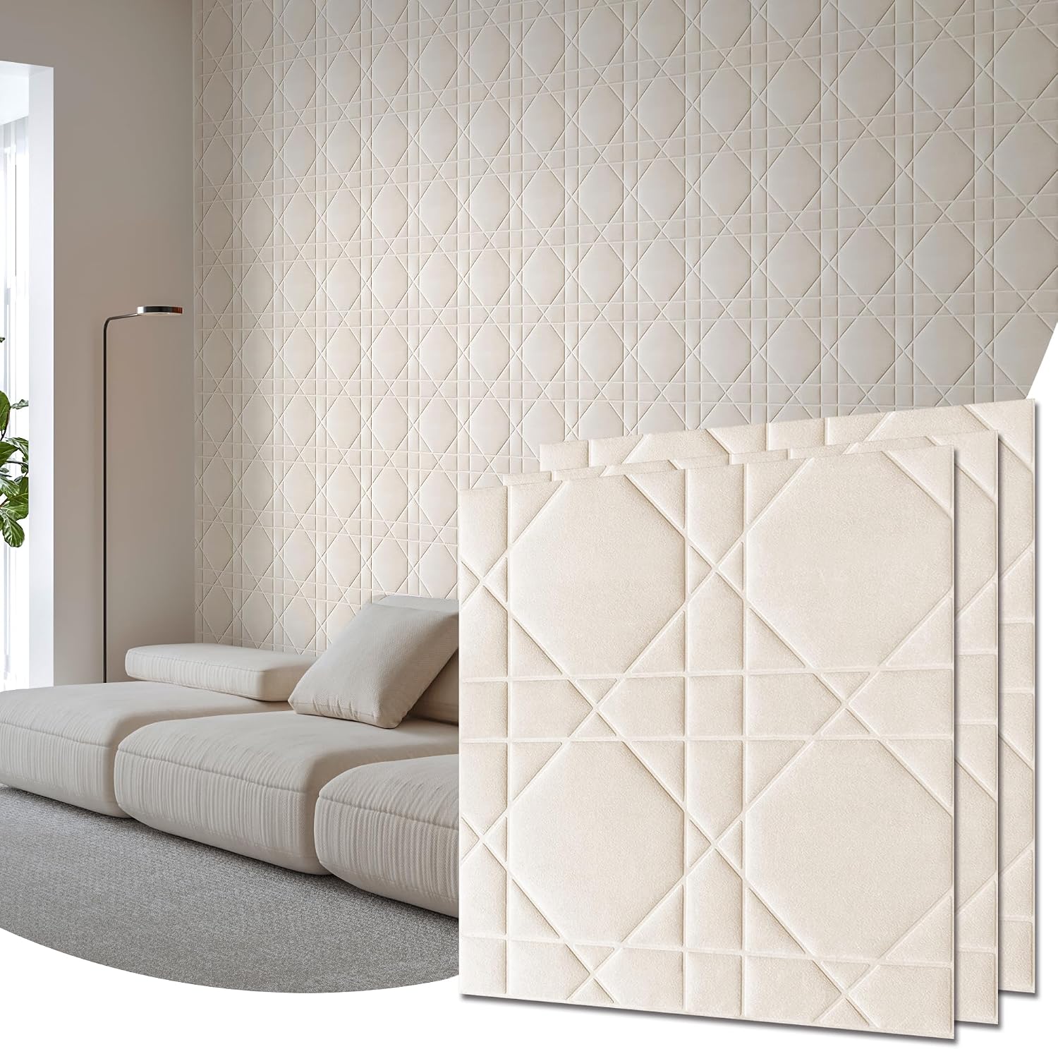 Peel And Stick Velvet 3D Geometric Wall Panels, Cream White