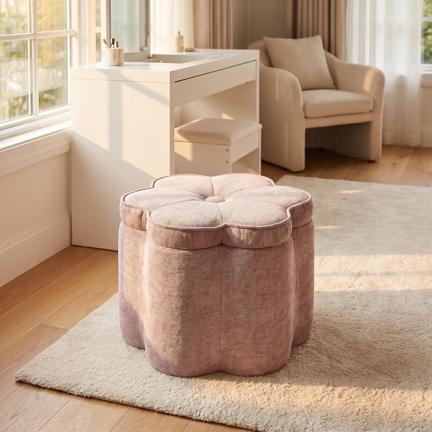 Collection Pink Flower Storage Ottoman, Sandy Pink