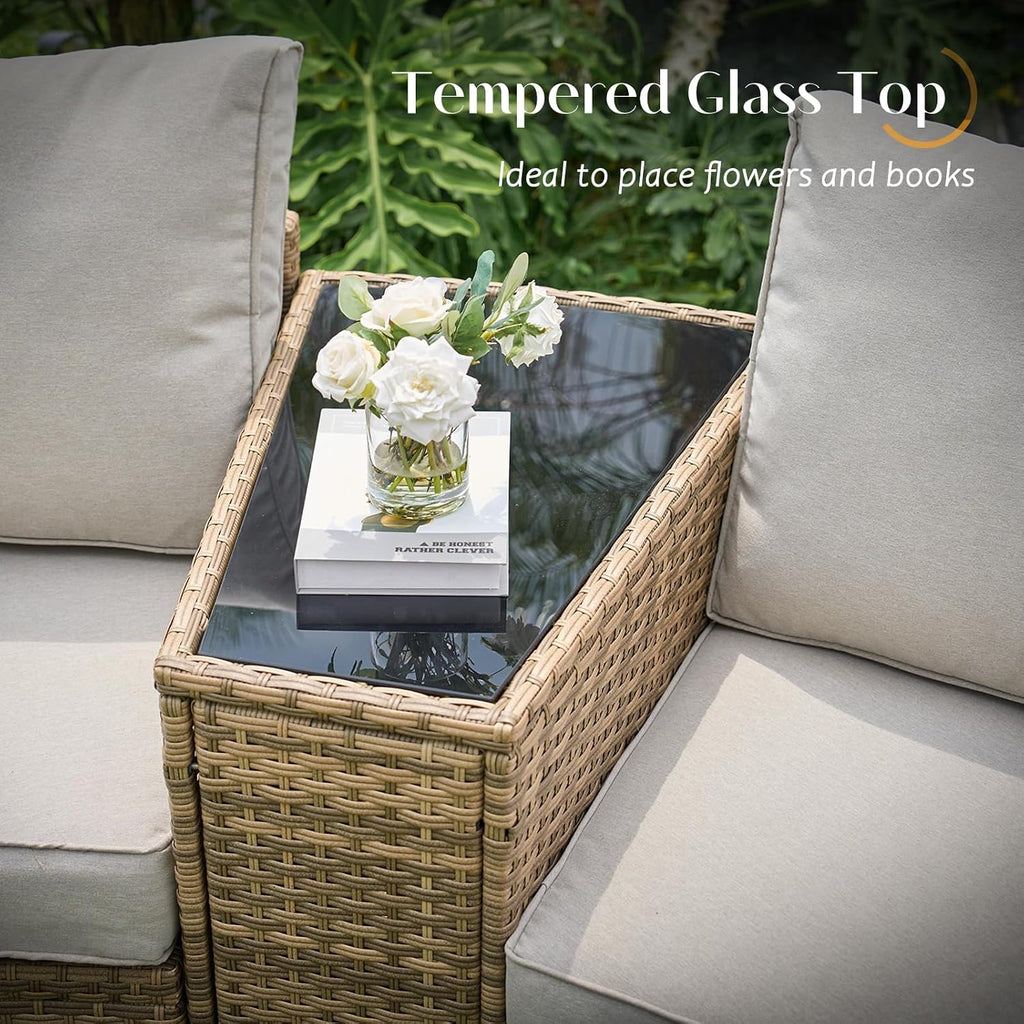 PE Rattan Wedge End Table With Glass Top, Brown