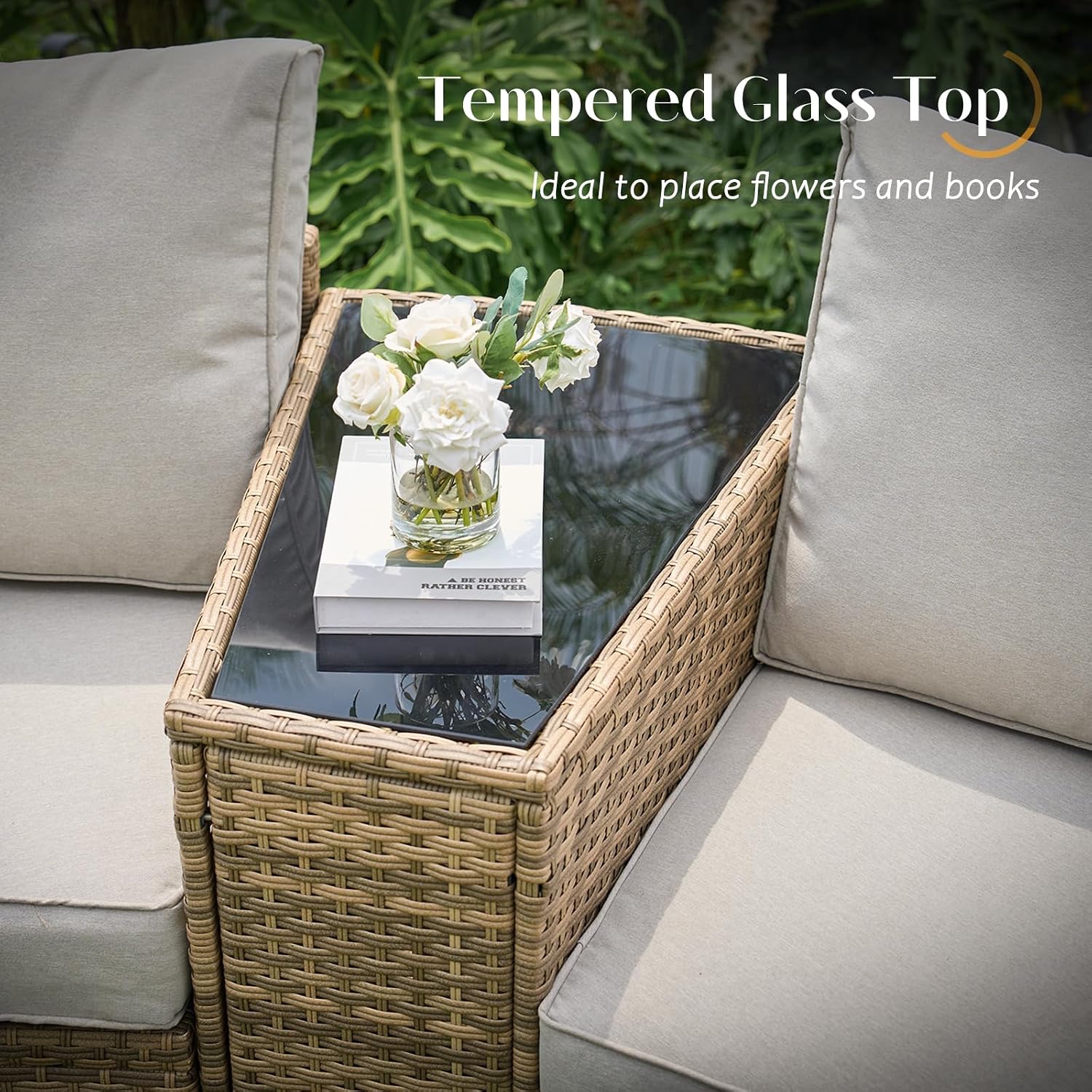 PE Rattan Wedge End Table With Glass Top, Brown