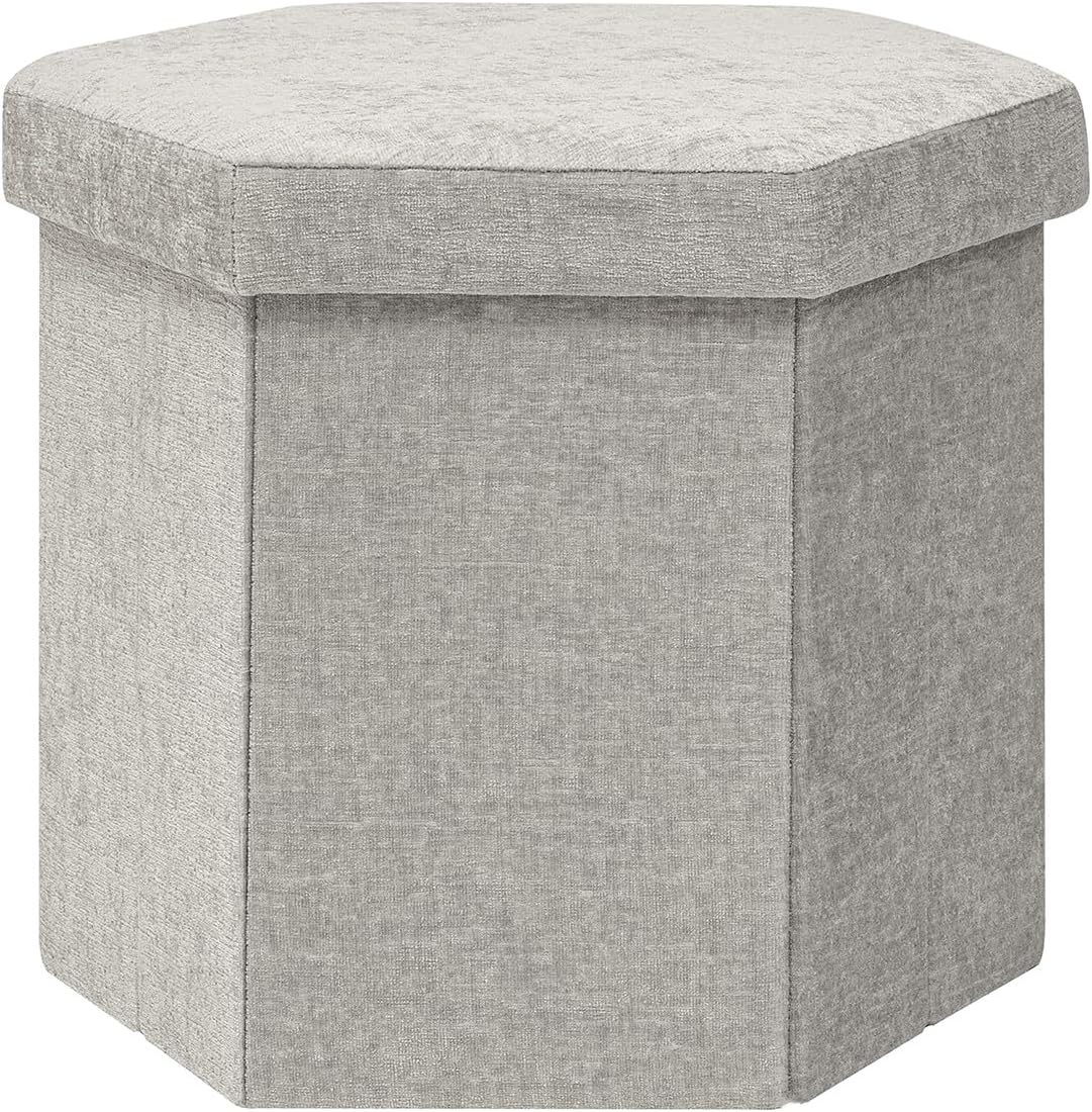 Hexagonal Chenille Storage Ottoman, White