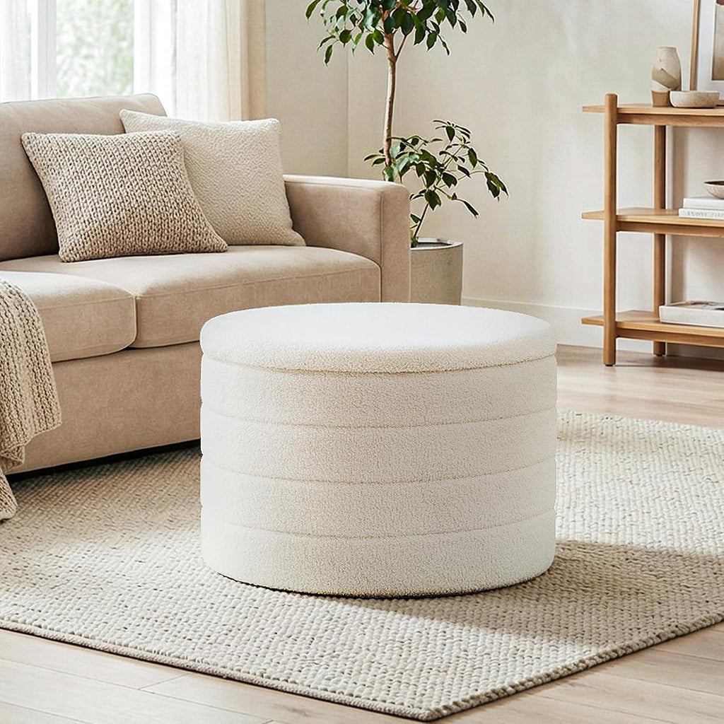 22" Round Boucle Sherpa Storage Ottoman With Tray