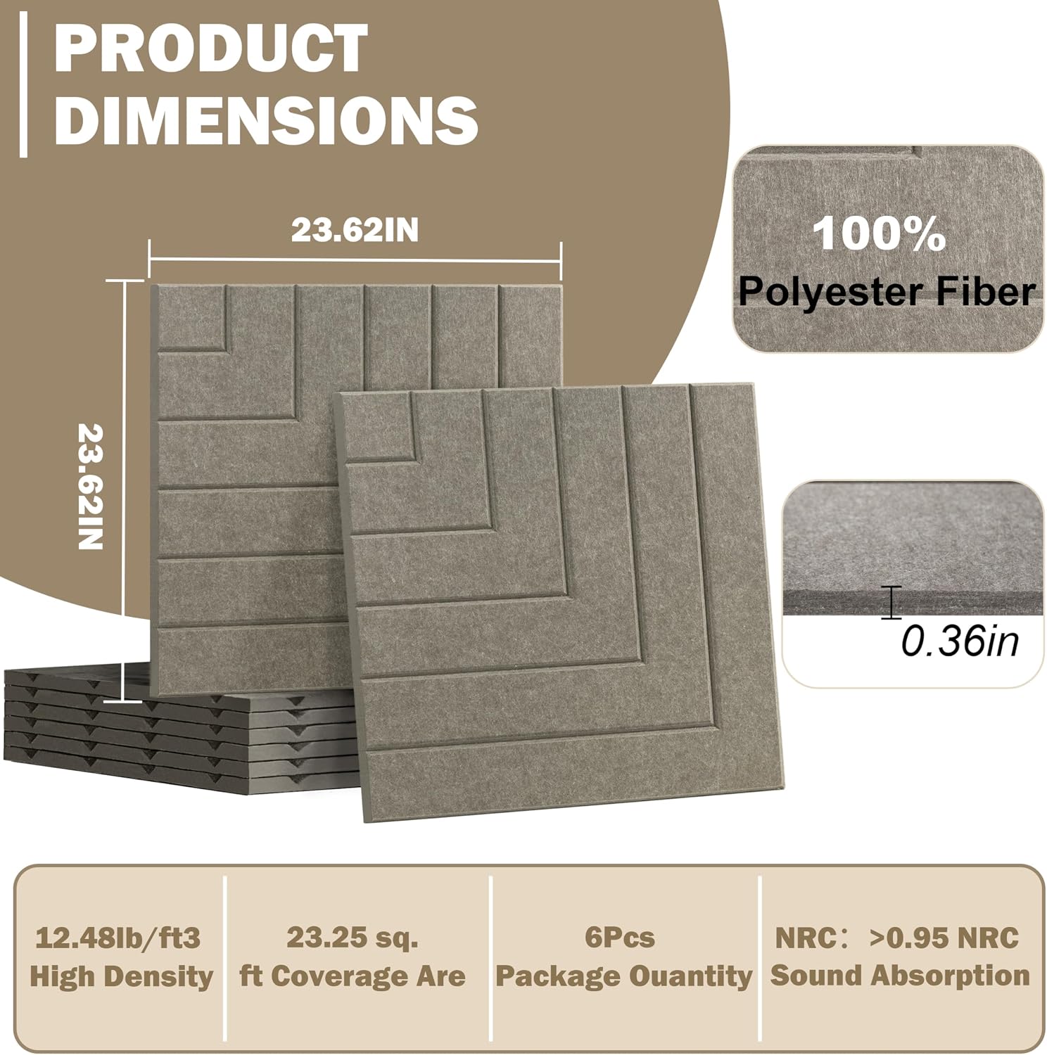 6 Pack Self Adhesive Acoustic Wall Panels, Brown