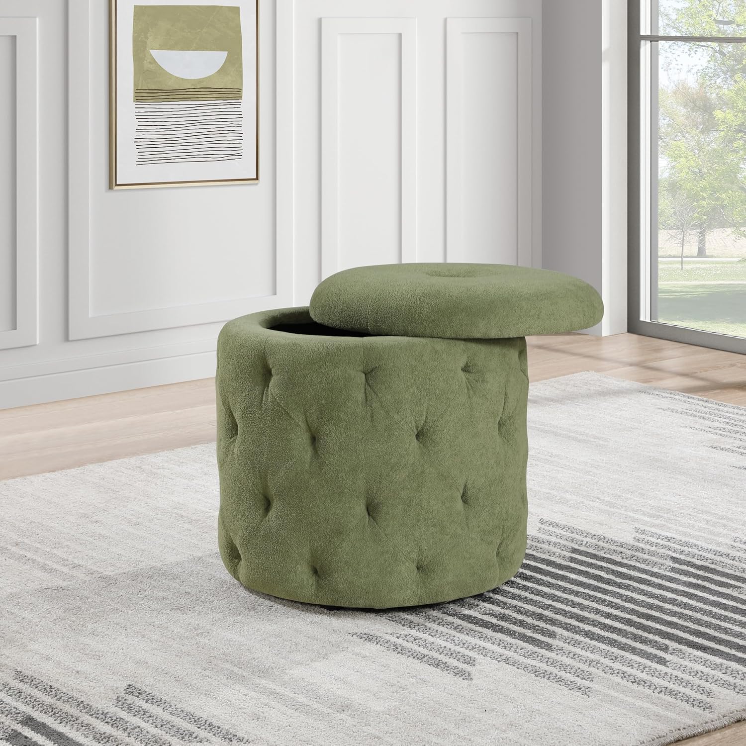 Home Furnishings Erindale Round Tufted Storage Ottoman, Moss Green