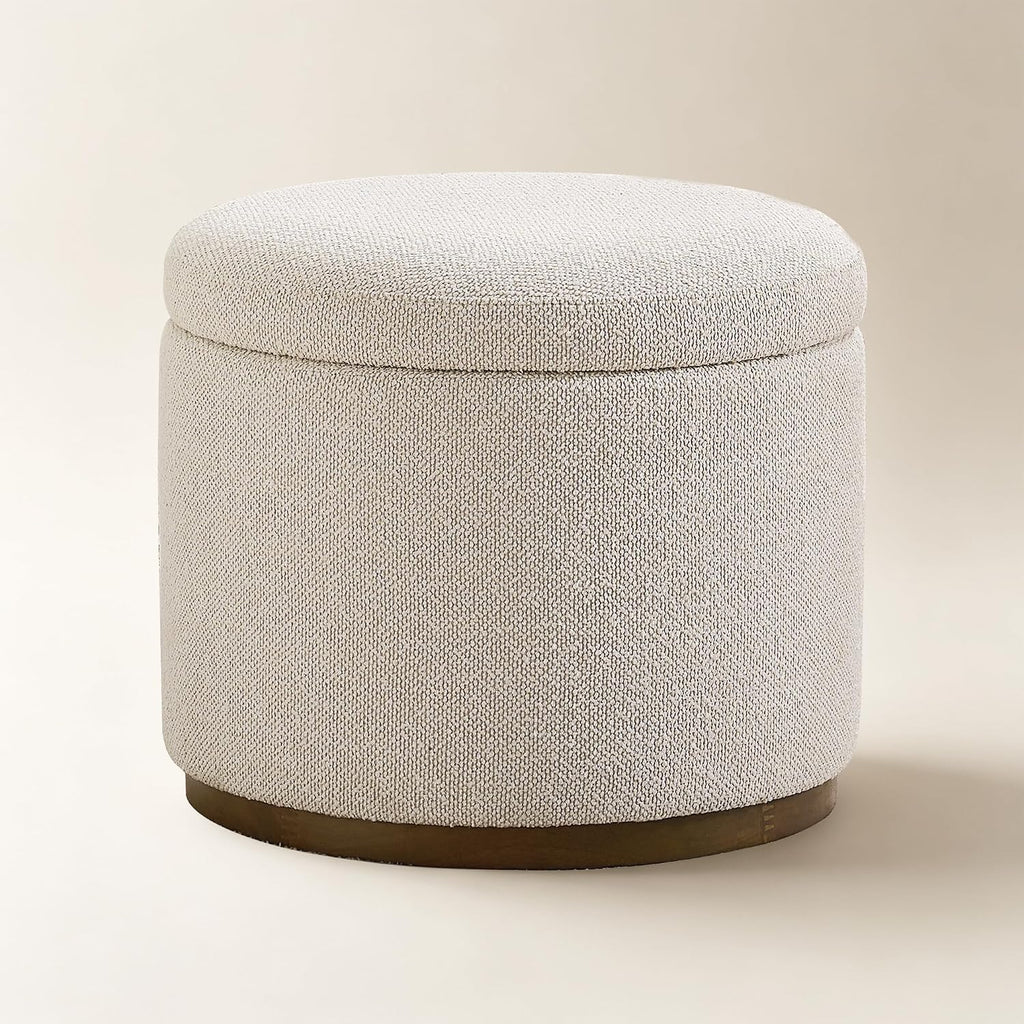 20" Boucle Round Storage Ottoman, Beige
