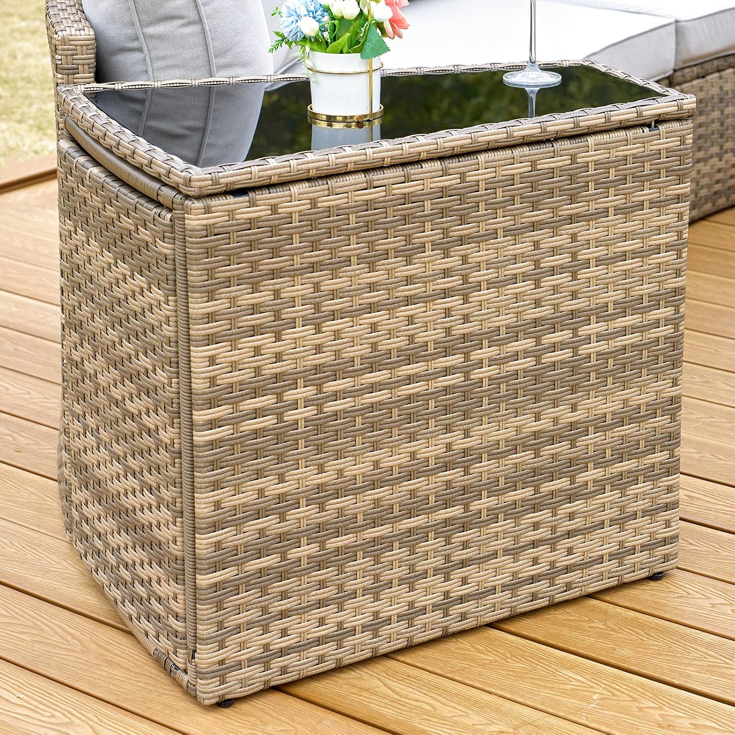 PE Rattan Wedge End Table With Glass Top, Brown
