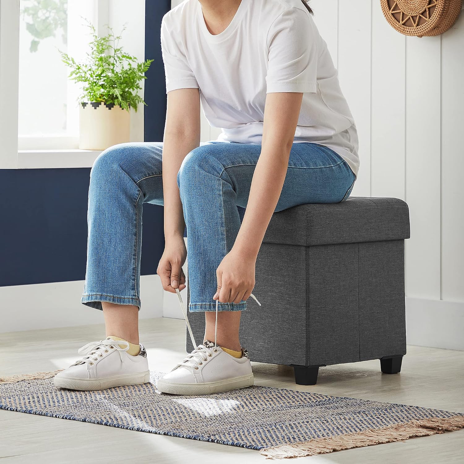 Small Storage Ottoman Foot Stool, Dark Gray