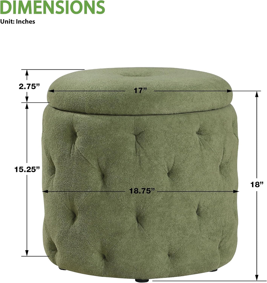 Home Furnishings Erindale Round Tufted Storage Ottoman, Moss Green