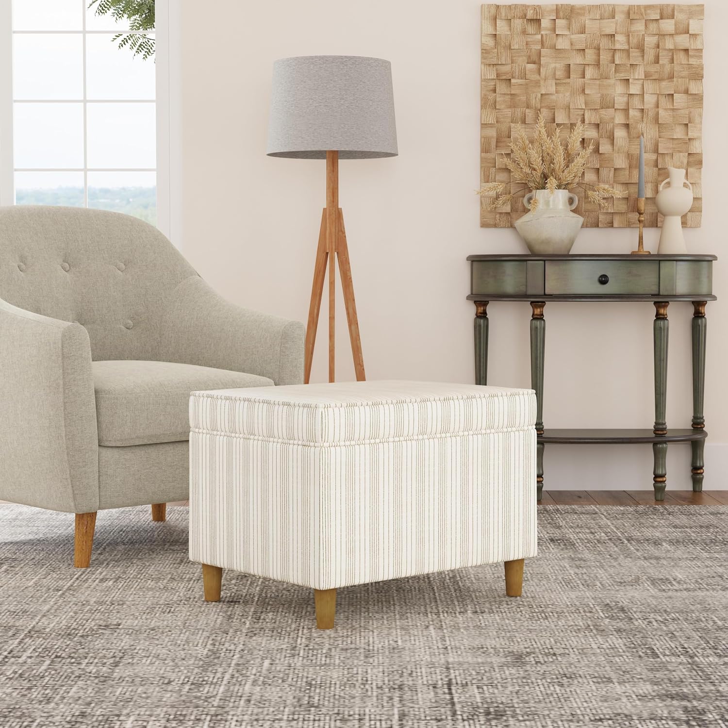 24" Storage Ottoman, Cream Pinstripe