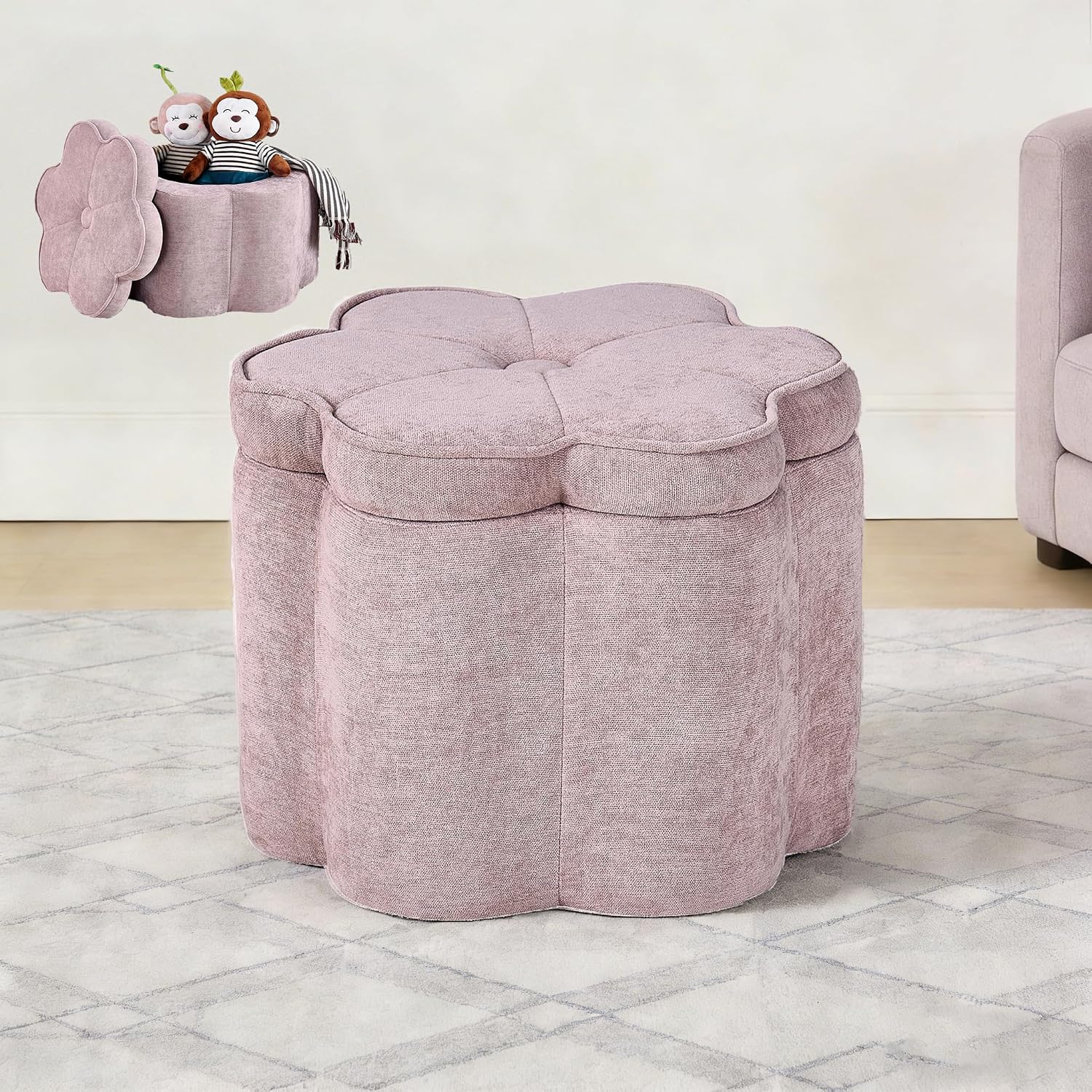 Collection Pink Flower Storage Ottoman, Sandy Pink