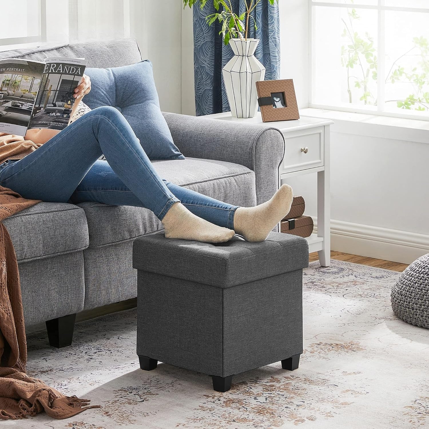 Small Storage Ottoman Foot Stool, Dark Gray